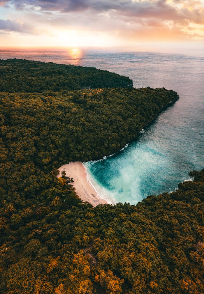 why-choose-us Stunning aerial view of a secluded tropical beach in Bali, Indonesia at sunset.